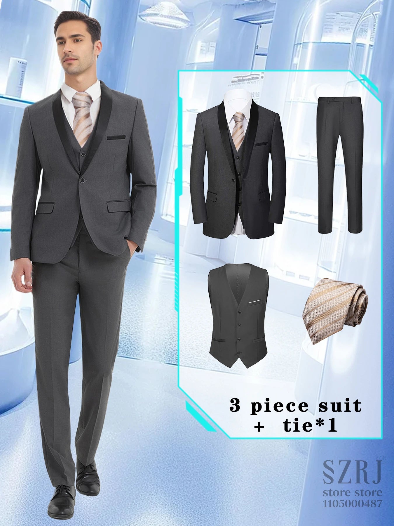 4-Piece Men's Suit: Jacket, Pants, Vest & Gold Tie. Fashionable, Concise, Multifunctional. For Business, Banquets, Weddings.