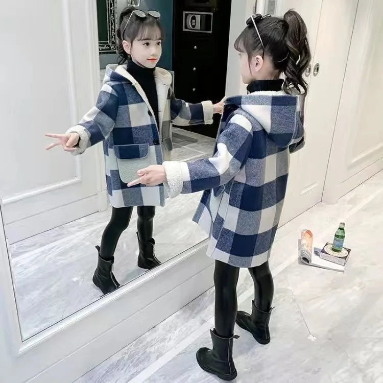 Fashion Girls clothing Jackets Autumn Winter parka Clothes Medium Long coat windbreaker Plaid Thicken Lamb Children Woolen Coats