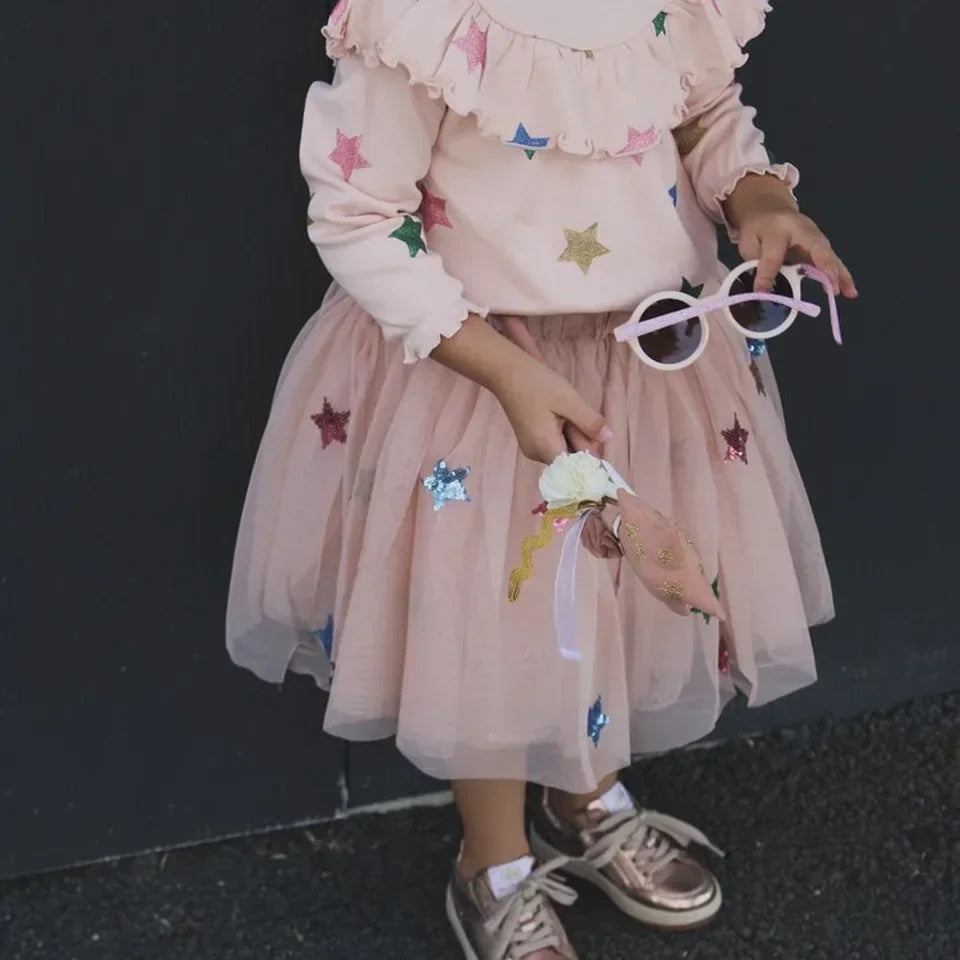 2024 KS Baby Girls Star Sequins Dress Kids Clothes Girls Mesh Princess Dresses Children Casual Skirts Christmas Party Vestidos