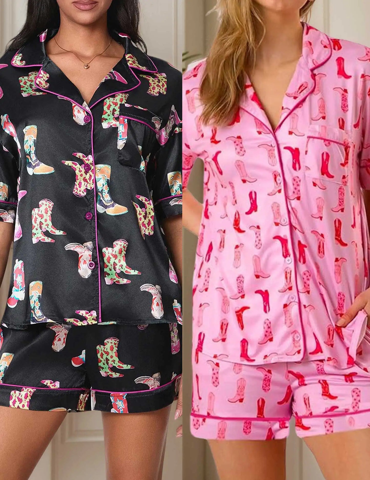 Women 2 Piece Boots Graphic Pajama Set Satin Sleepwear