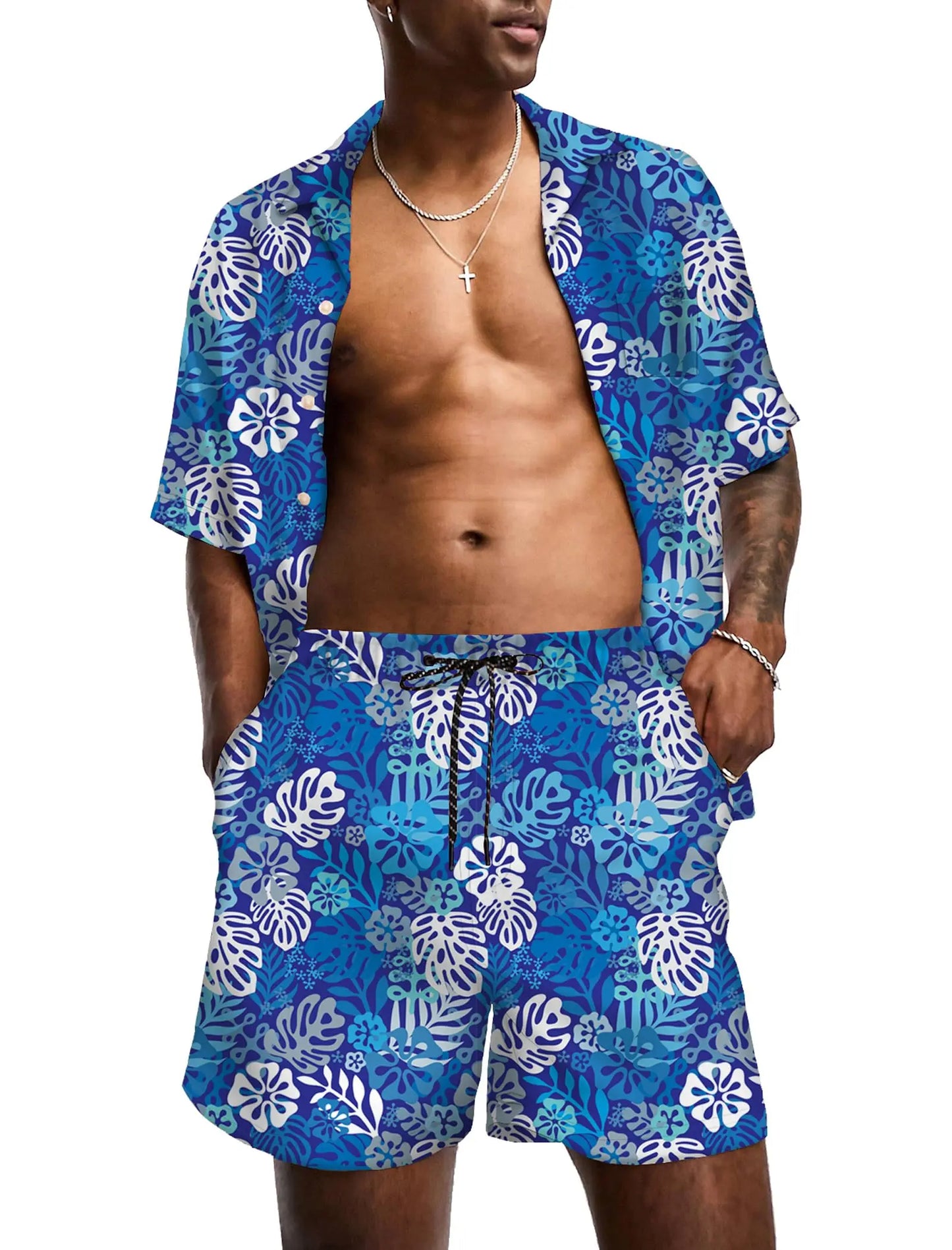 KYKU Mens Hawaiian Shirt and Short Set - Summer Short Sleeve Button Down Beach Shirts Tropical Vacation 2 Piece Outfits