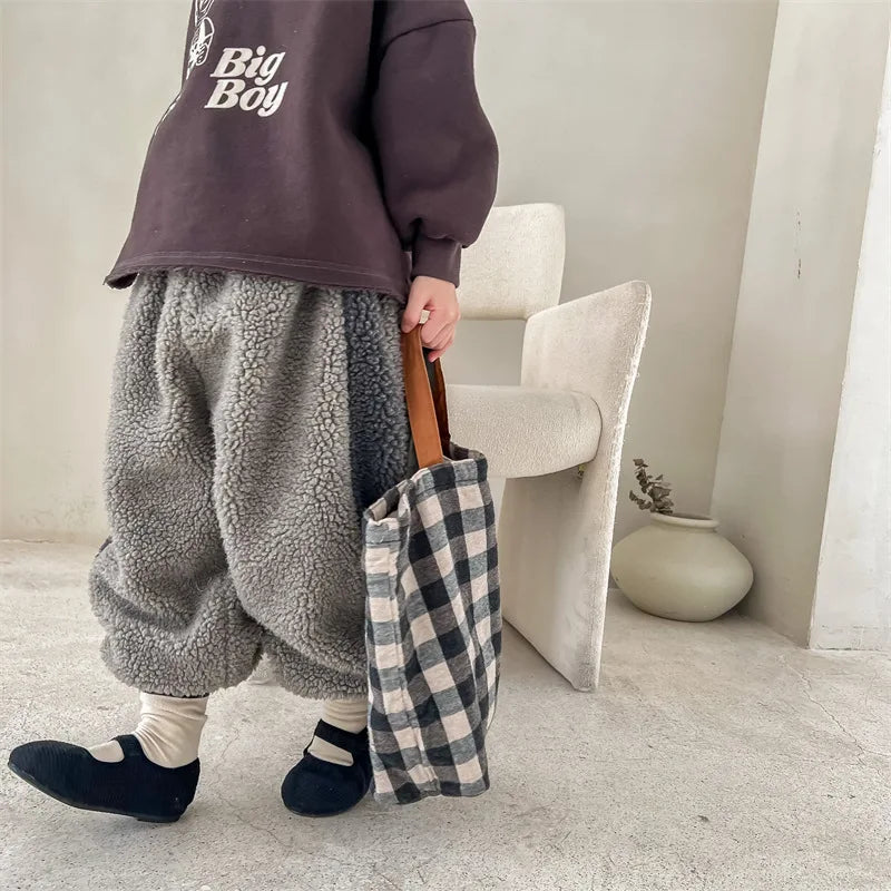2025 Winter New Children Warm Trousers Baby Loose Lamb Fleece Pants Toddler Girls Casual Pants Solid Baby Boys Harem Pants