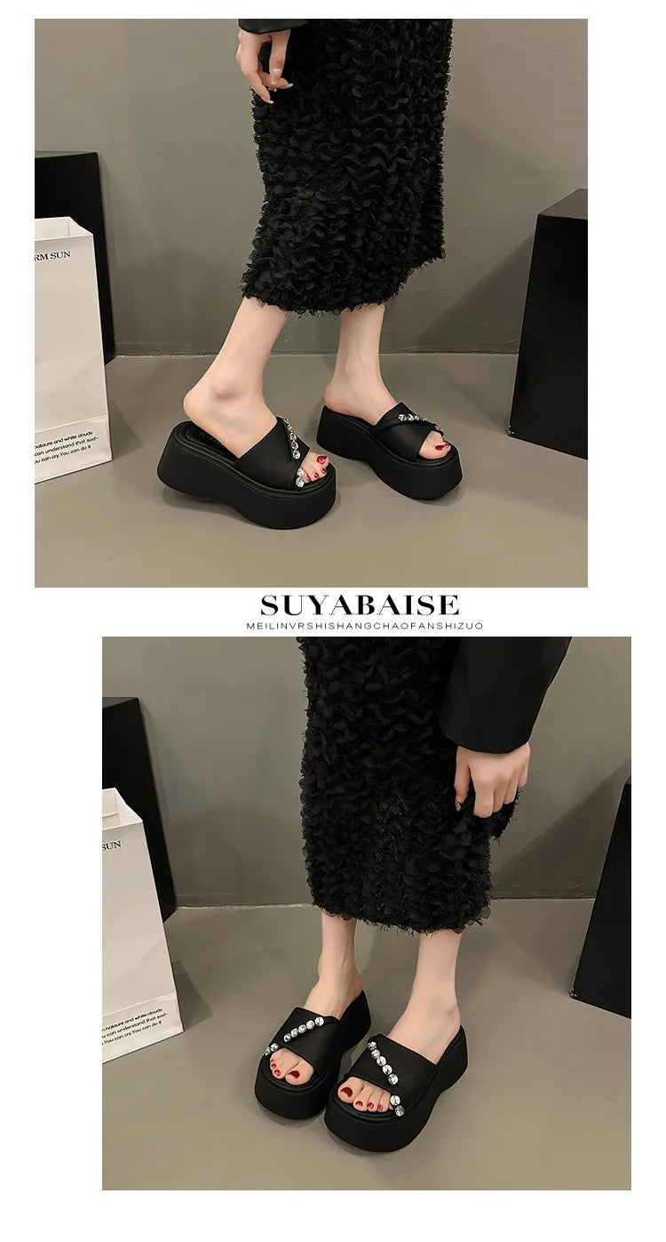 2024 Rhinestones Summer Sandals for Women Fashion Outdoor Wear Slippers high-end Thick Soled Shoes Ladies Elegant Beach Sandals