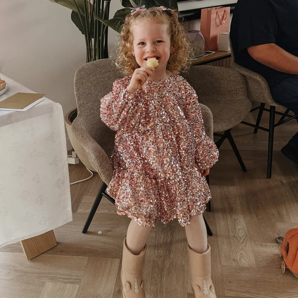 2024 KS Baby Girls Star Sequins Dress Kids Clothes Girls Mesh Princess Dresses Children Casual Skirts Christmas Party Vestidos