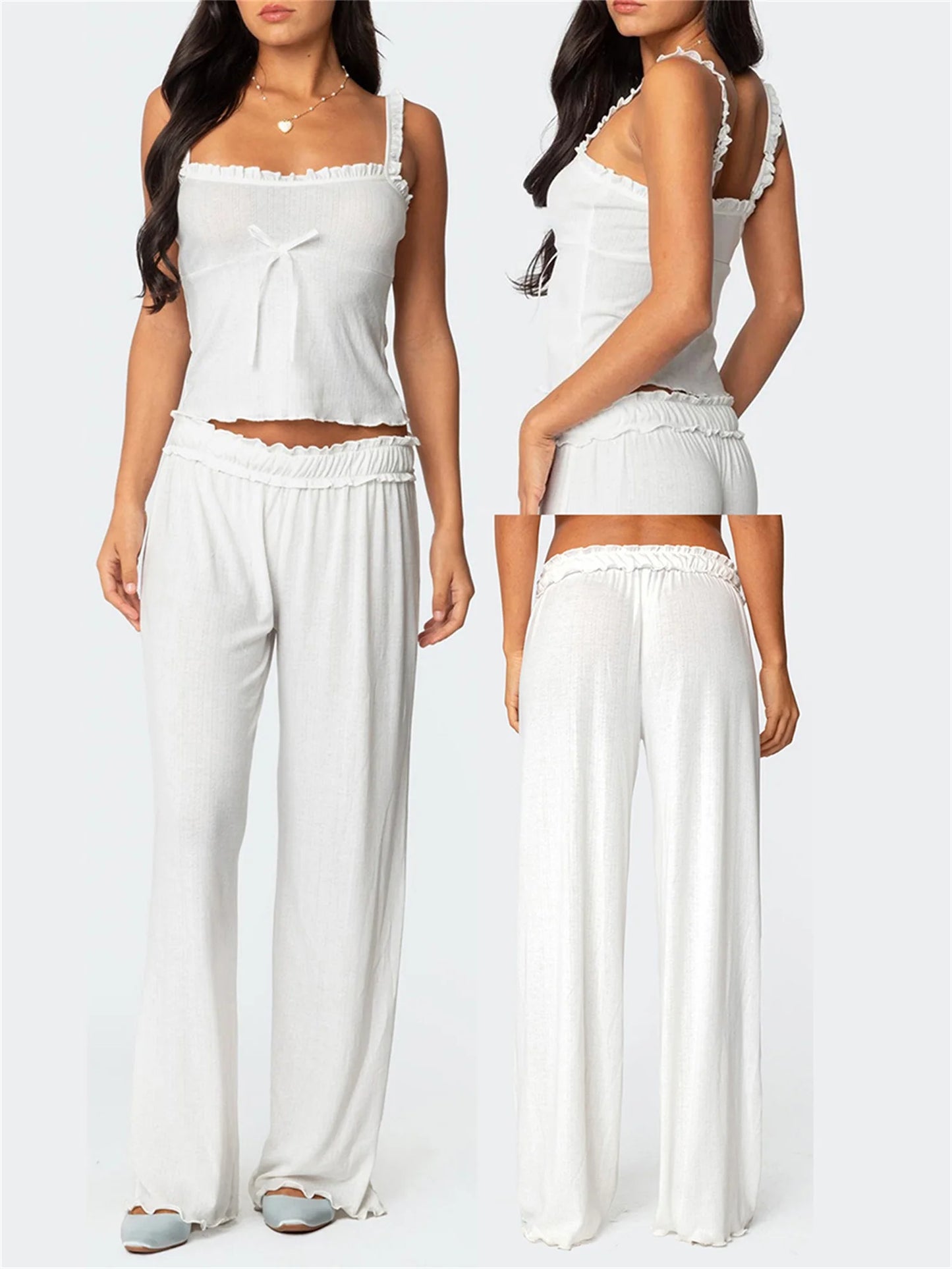 Women s 2-Piece Pajama Set with Lace Trim Square Neck Cami Top and Long Pants Cute Bow Detail Lounge Outfit