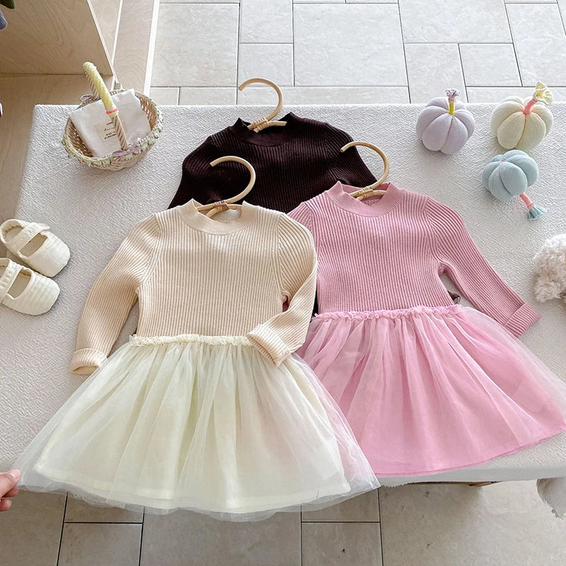 2025 New Autumn European American Style 1-6Yrs Baby Girl Party Dress Long Sleeved Knitted Mesh Splicing Kids Princess Dresses