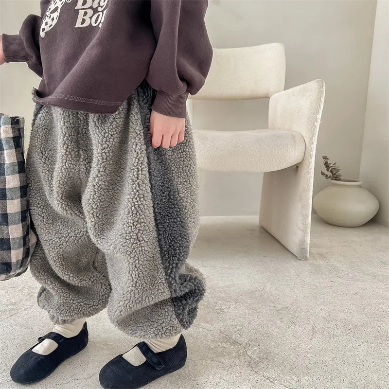 2025 Winter New Children Warm Trousers Baby Loose Lamb Fleece Pants Toddler Girls Casual Pants Solid Baby Boys Harem Pants