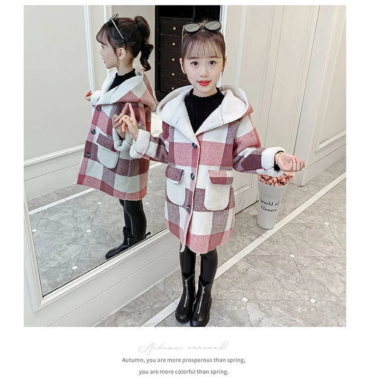 Fashion Girls clothing Jackets Autumn Winter parka Clothes Medium Long coat windbreaker Plaid Thicken Lamb Children Woolen Coats