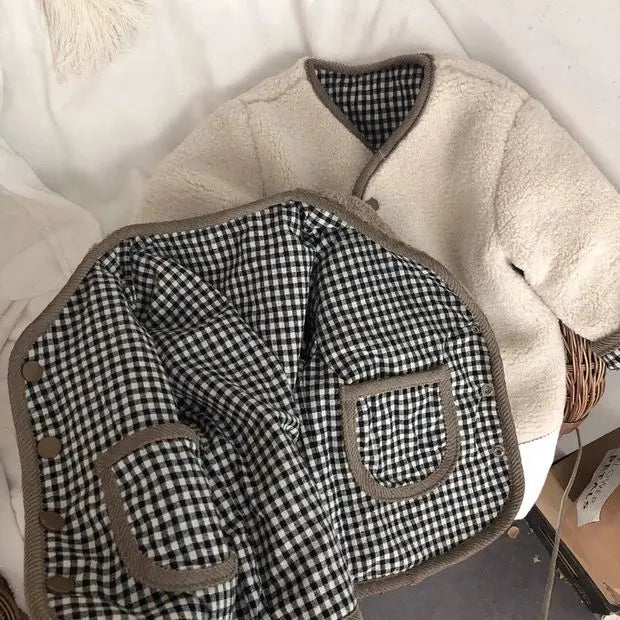 0-6 Years Children's Autumn Winter Warm Double-Side Wear Jacket Girls Fashion Plaid Plush Coat Boys Thicken Outerwear