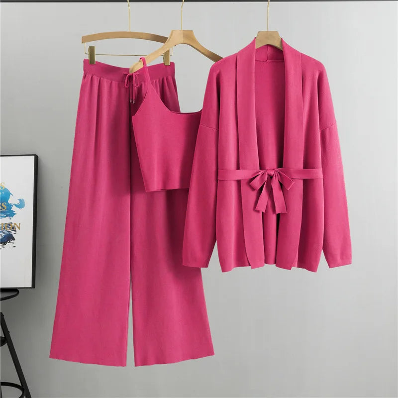 2025 Loose Casual Fashion Set Elegant Women's Spring And Autumn Knitted Cardigan Jacket Camisole Wide Leg Pants Three Piece Set