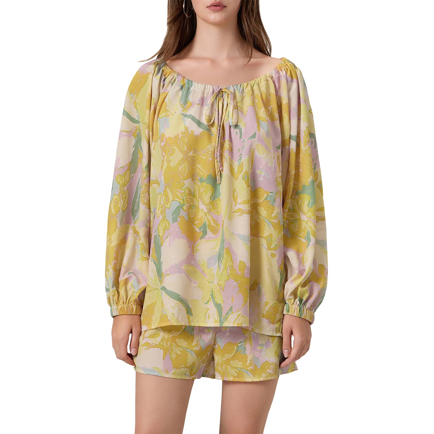 Elegant Floral Ensemble Stylish Long Sleeve Blouse with Tie-up Detail and Elastic Waist Shorts for a Chic Summer Look