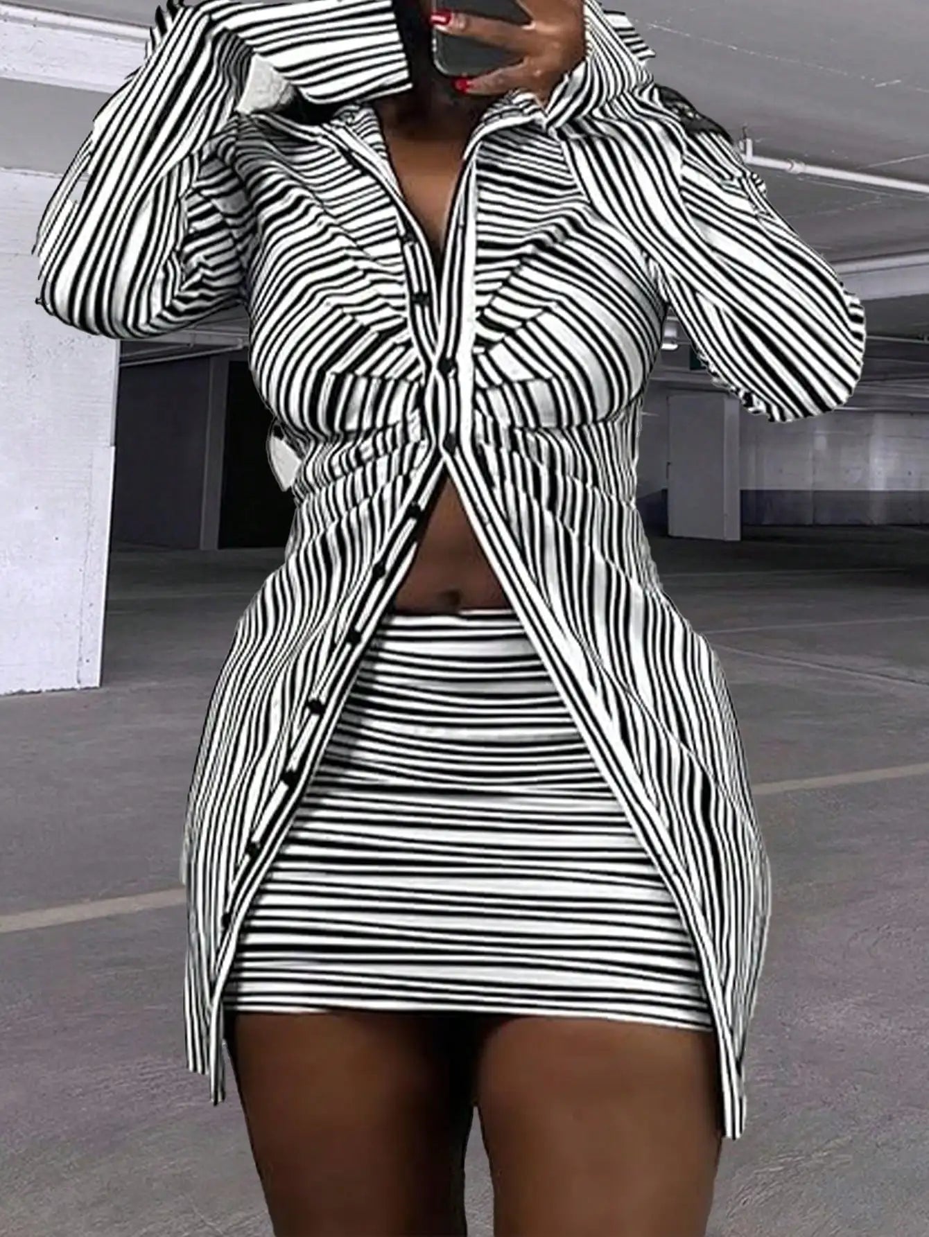 Christmas Gift Women's Striped Two-Piece Set - Long-Sleeve Button-Down Shirt & Mini Skirt