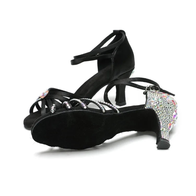 New Diamond Studded Satin High Heels Dance Shoes Fashion Black Brown Crystal Rhinestone Sparkling Latin Dance Performance Shoes