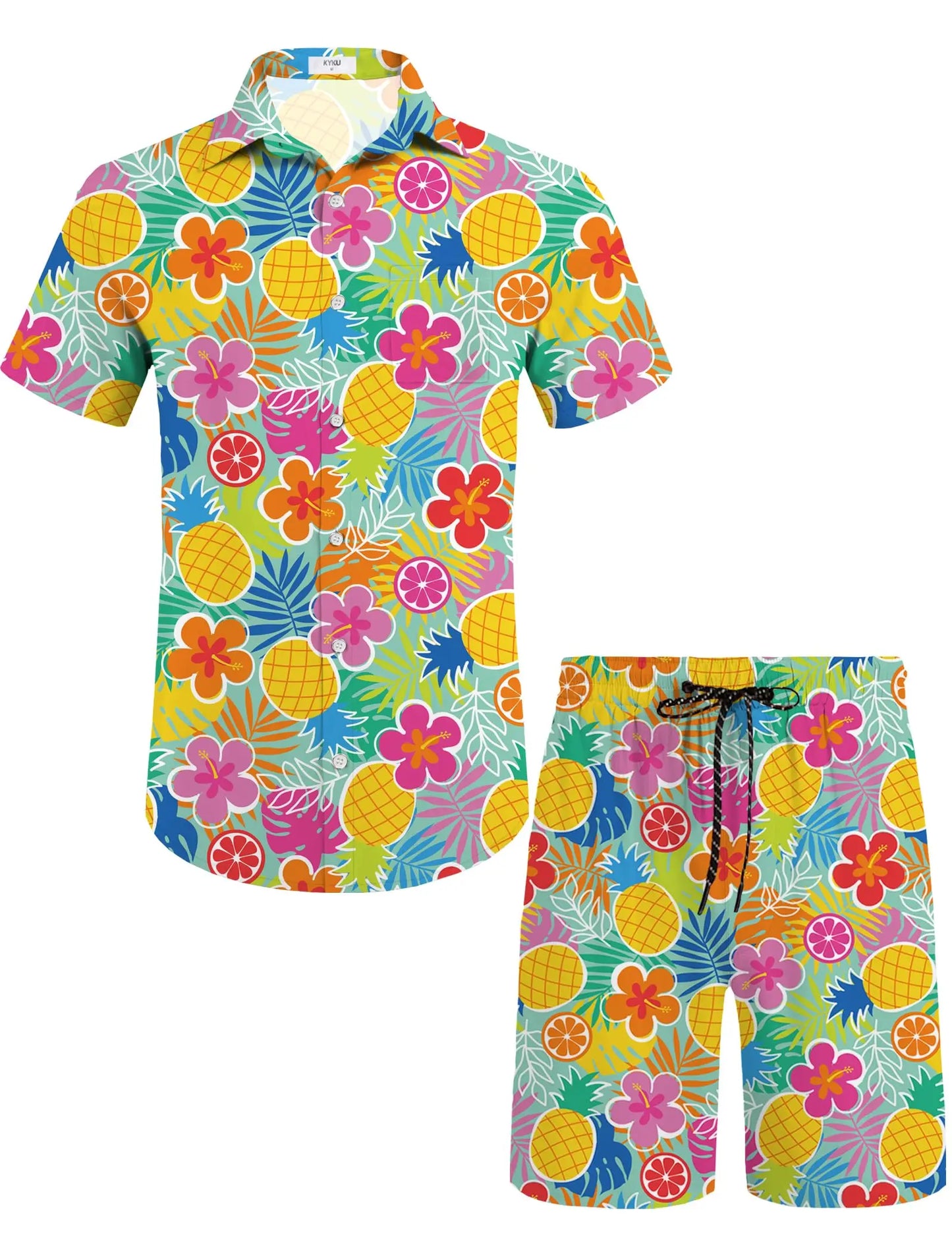 KYKU Mens Hawaiian Shirt and Short Set - Summer Short Sleeve Button Down Beach Shirts Tropical Vacation 2 Piece Outfits