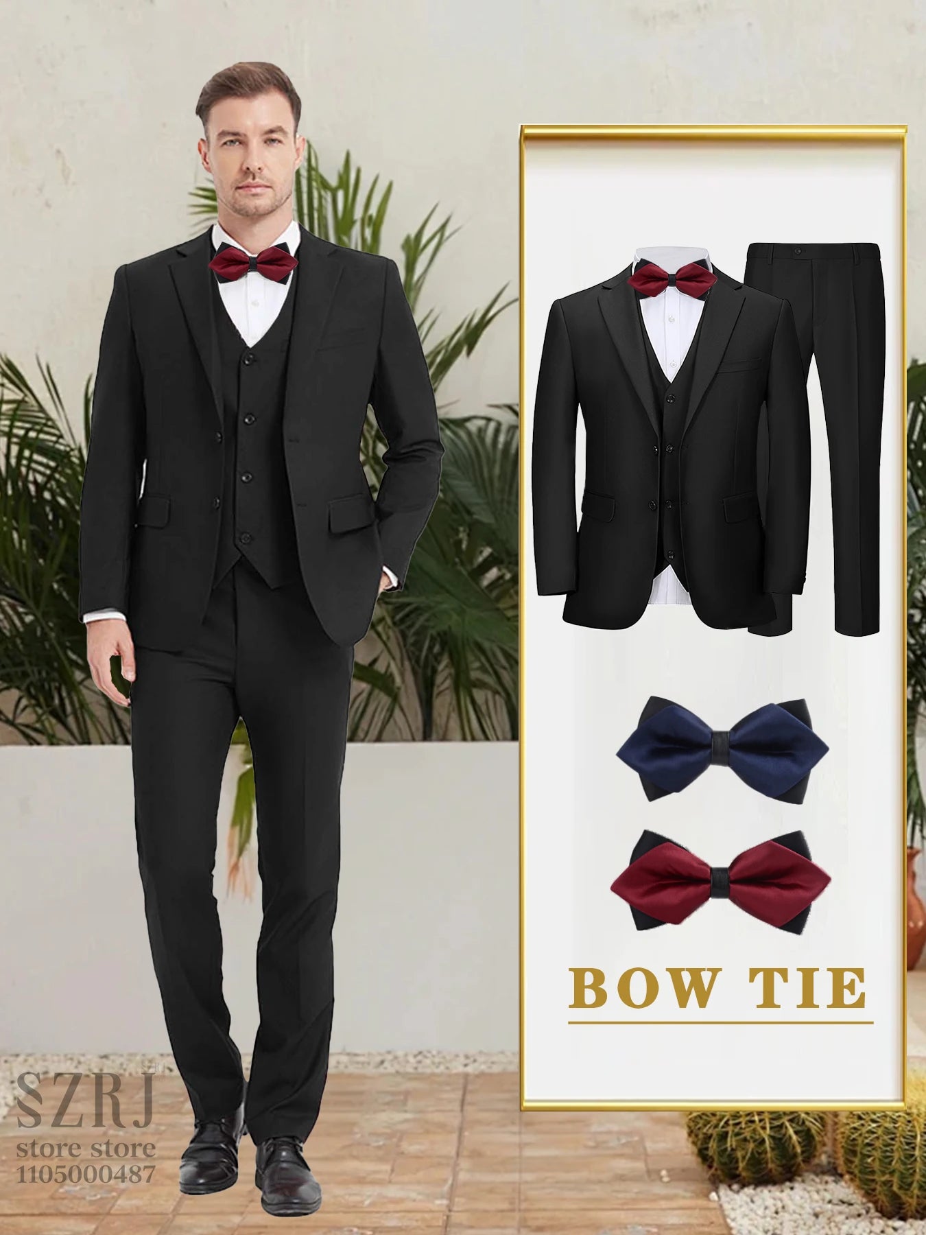 Men's 5-Piece Business Suit Set: Jacket+Vest+Pants+2 Bow Ties (Red+Blue).Premium, Tailored， For Parties, Weddings, Business.