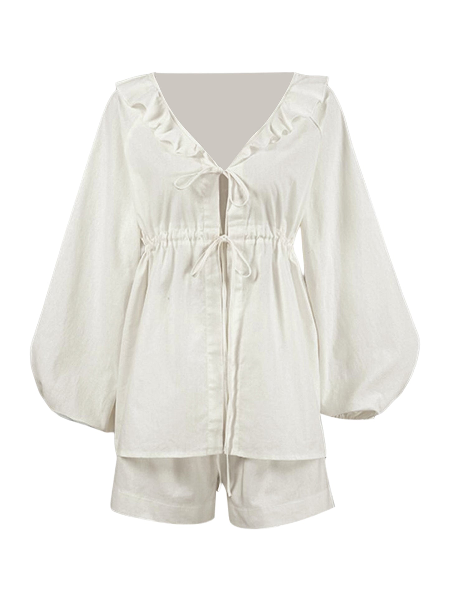 Women 2 Piece Outfits Ruffle Loose Tie Front Long Sleeve Shirt and Casual Elastic Shorts Club Streetwear Summer Clothes