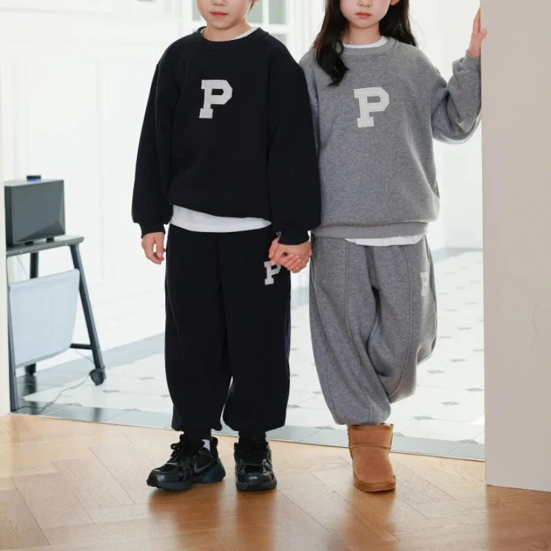 2025 Winter New Boys Girls Letter Sportswear Set Children Fleece Sweatshirt + Sweat Pants 2 Pcs Suit Kids Baby Warm Tracksuit