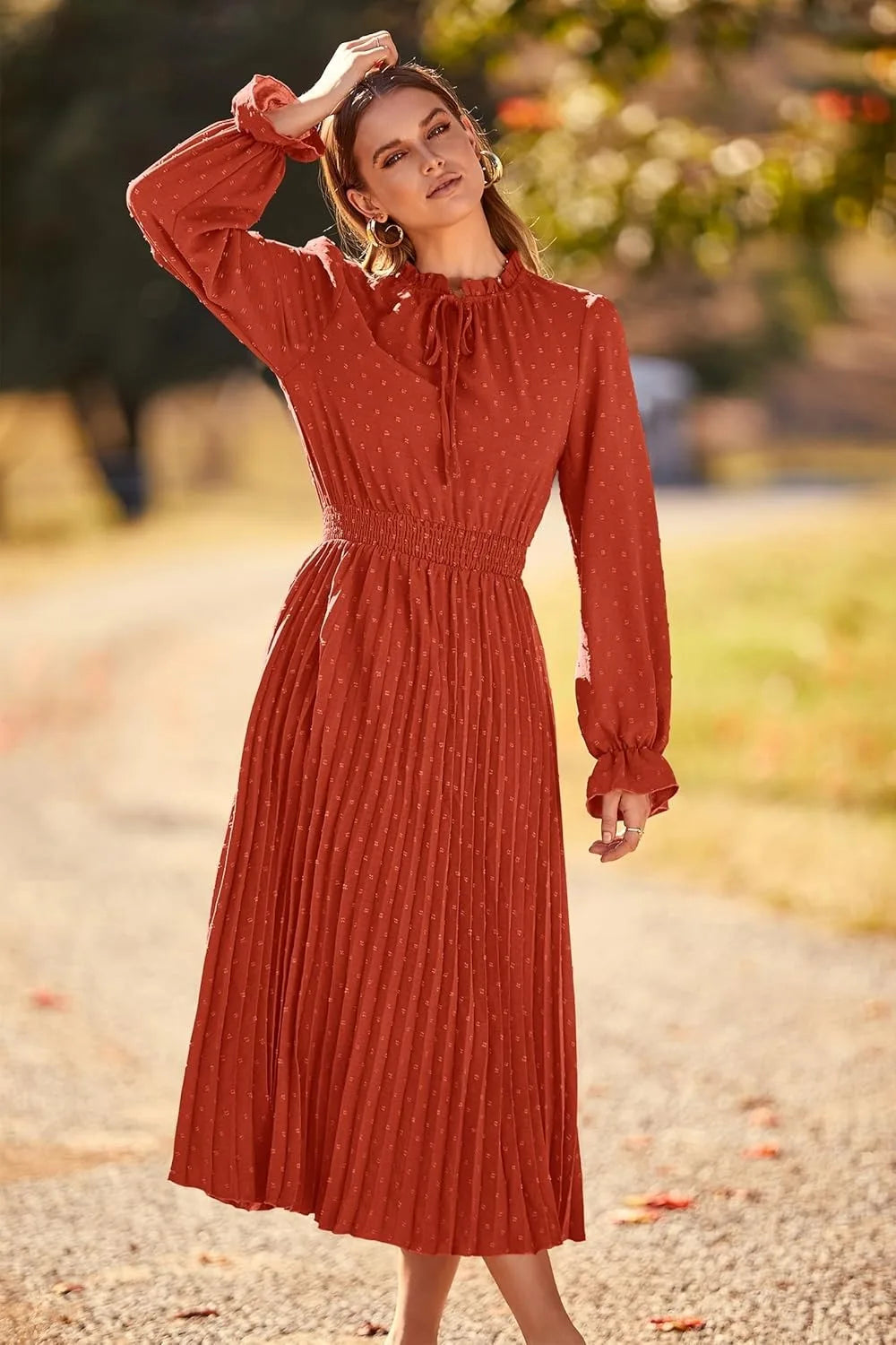 Women's Spring Fall Midi Dress Casual Long/Short Sleeve Elegant and fashionable V Neck Swiss Dot Pleated A Line Flowy Dresses