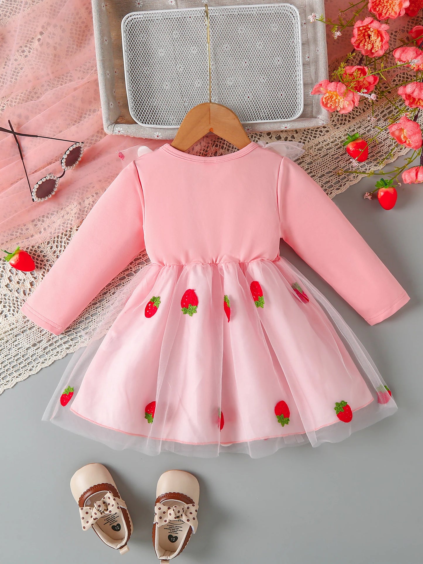 Infant Girls Long Sleeve Crew Neck Dress with Strawberry Embroidery Floral Bow Detail and Tutu Skirt
