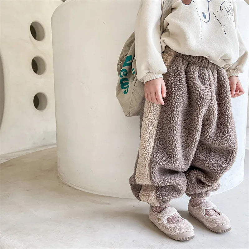 2025 Winter New Children Warm Trousers Baby Loose Lamb Fleece Pants Toddler Girls Casual Pants Solid Baby Boys Harem Pants