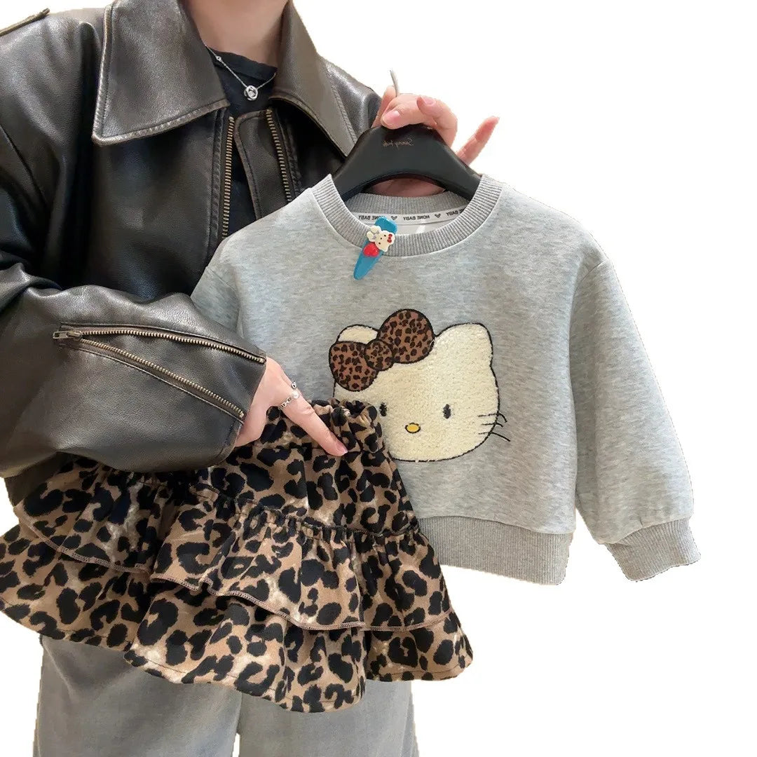 2025 Autumn Baby Girls Clothes Set Kids Hello Kitty Pullover Sweater+Leopard print Tiered Skirt 2pcs Suit Children Casual Outfit