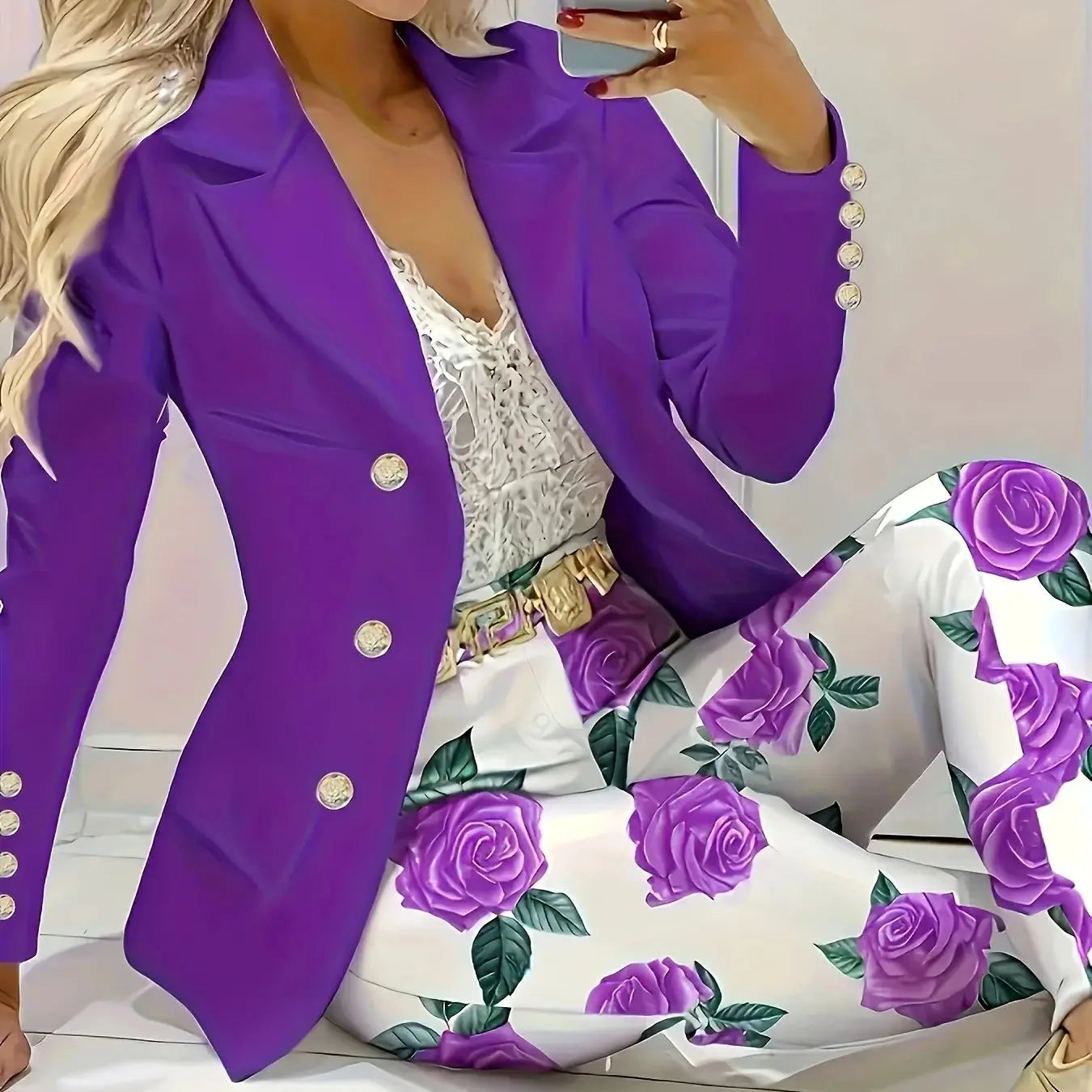 New floral digital print stretch suit hot-selling set