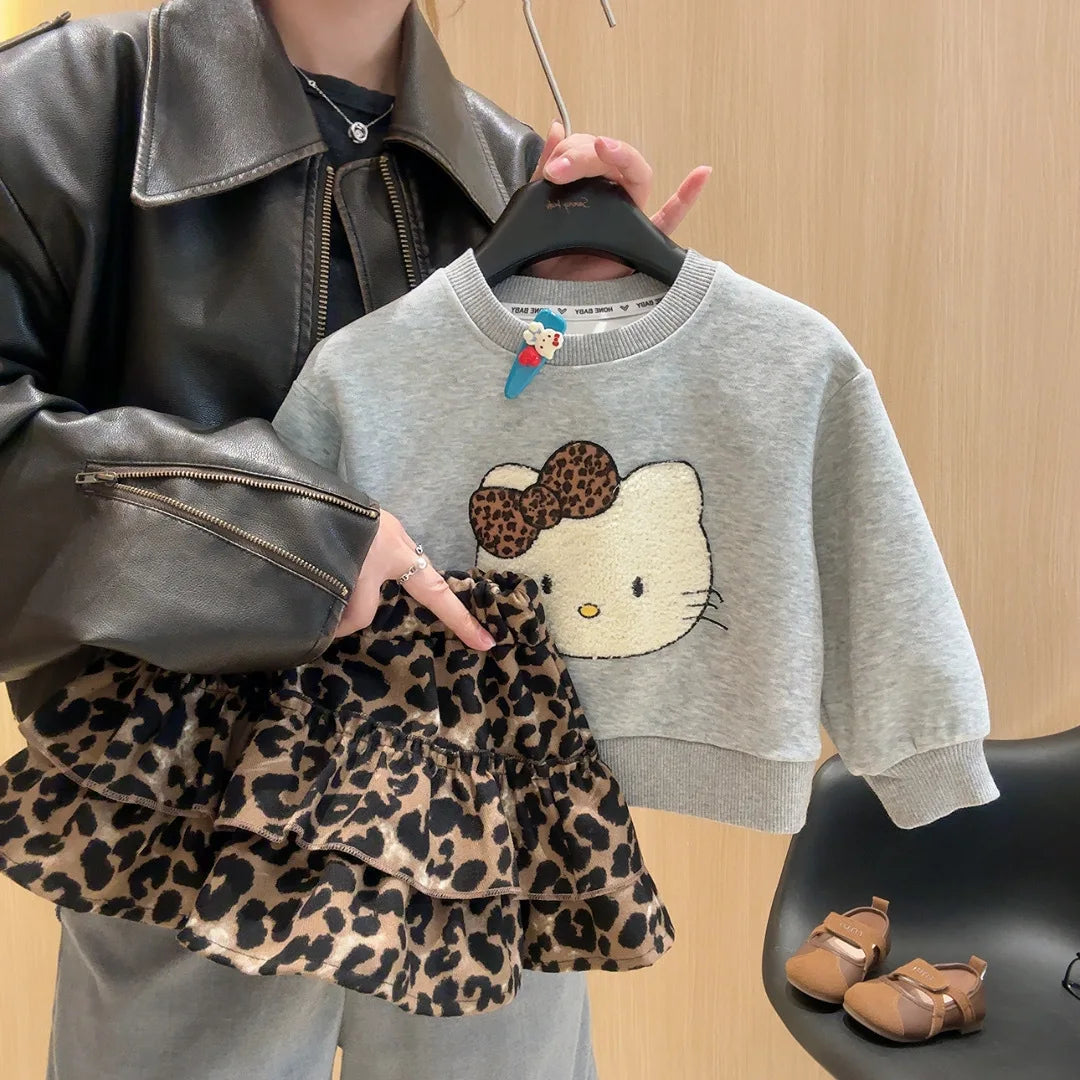 2025 Autumn Baby Girls Clothes Set Kids Hello Kitty Pullover Sweater+Leopard print Tiered Skirt 2pcs Suit Children Casual Outfit