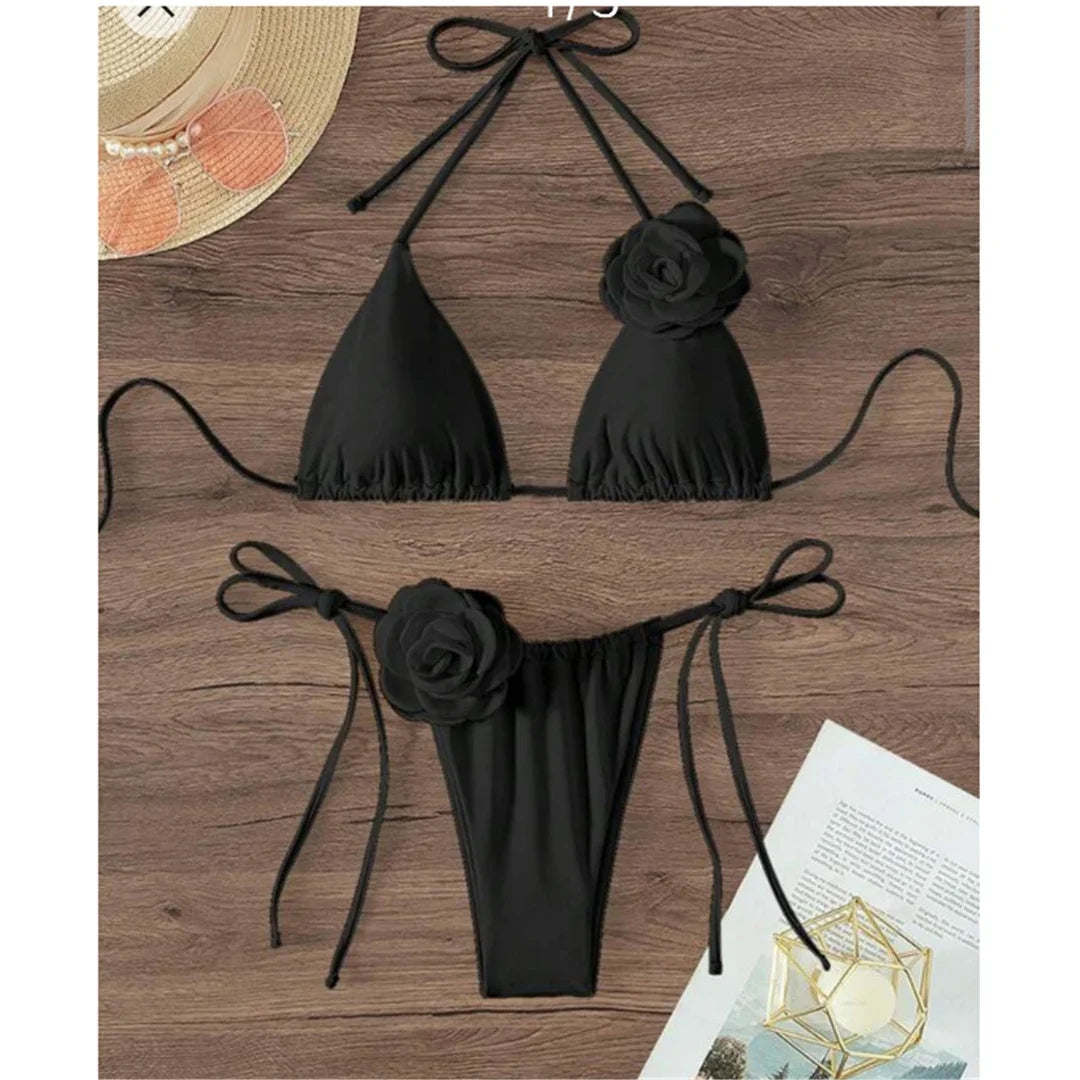 Sexy Flower Bandeau Swimwear Thong Bikini 2025 Women Lace-up Swimsuits Swimming Bathing Suit Brazilian Bikinis Set Mujer Biquini