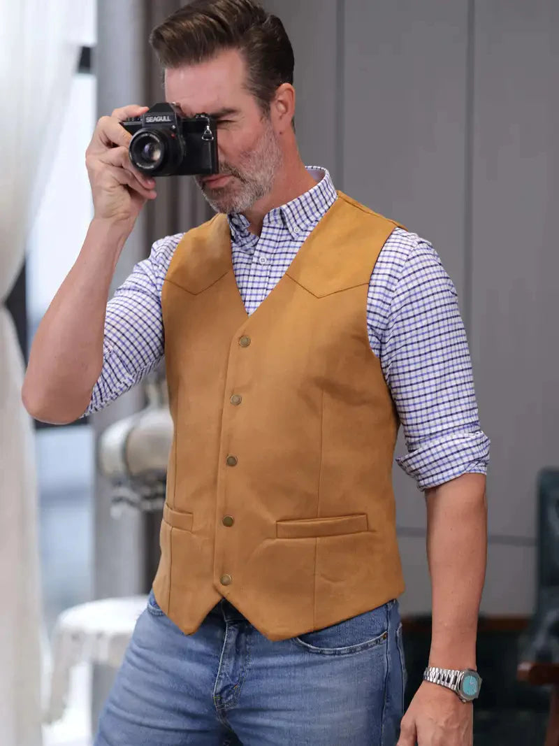 Vintage Suede Leather Men's Vest Slim Fit Sleeveless Jacket V-Neck Regular Fit Suit Vest Waistcoat for Prom