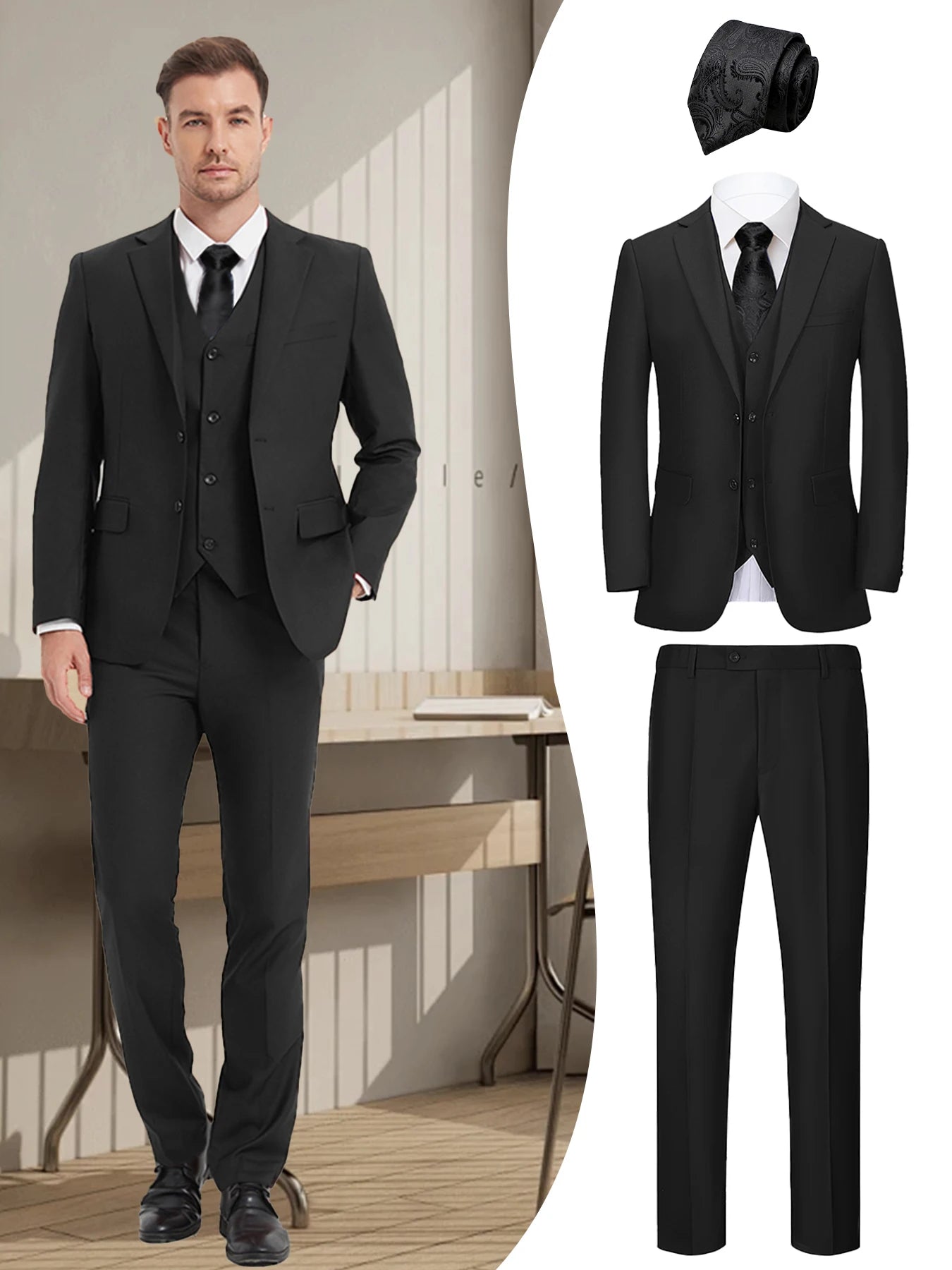 Men's 4-Piece Suit: Jacket+Vest+Pants+Black Tie. V-Neck, Gentleman Style, Premium, Tailored. For Business, Parties, Weddings.