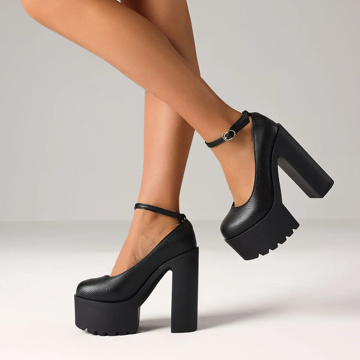 Elegant Women Chunky High Heel Pumps Round Toe Ankle Strap Platform Office Lady Dress Luxury Fashion Comfy Shoes