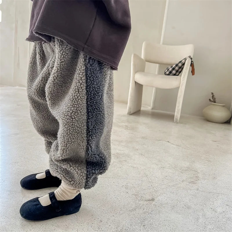 2025 Winter New Children Warm Trousers Baby Loose Lamb Fleece Pants Toddler Girls Casual Pants Solid Baby Boys Harem Pants