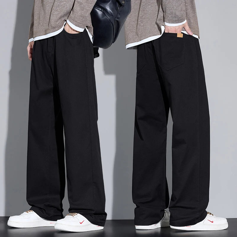 100% Cotton Men's Baggy Wide-leg Pants Soft Breathable Loose Straight Casual Trousers Spring Autumn Fashion Korean Streetwear