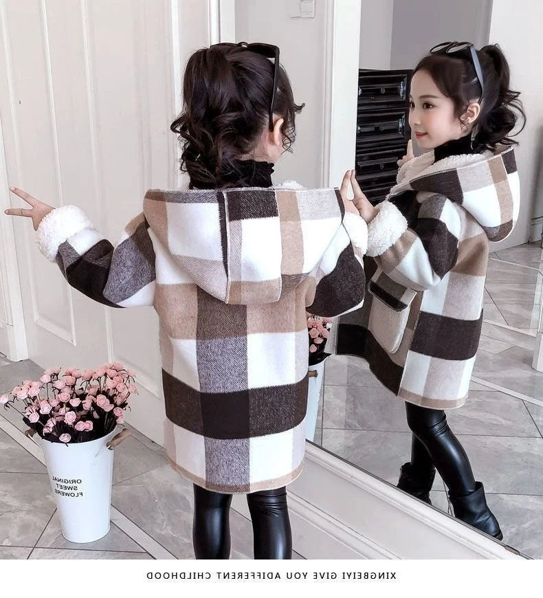Fashion Girls clothing Jackets Autumn Winter parka Clothes Medium Long coat windbreaker Plaid Thicken Lamb Children Woolen Coats