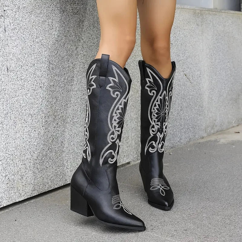 Women's Knee High Western Cowboy Boots Vintage Embroider Block Chunky High Heels Pointed Toe Pull On Fashion Cowgirl Boots