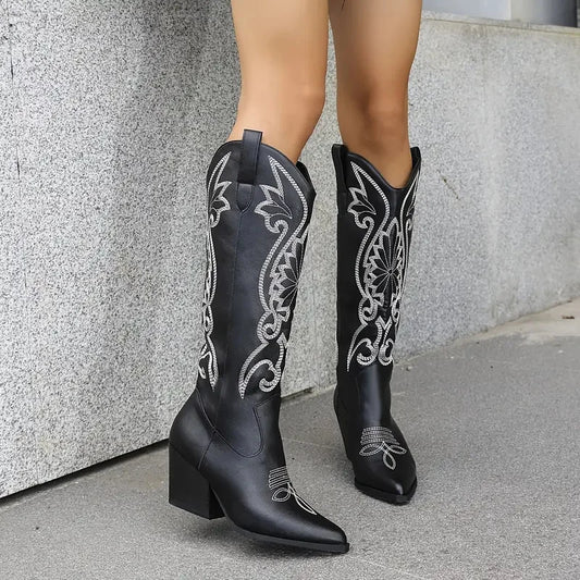 Women's Knee High Western Cowboy Boots Vintage Embroider Block Chunky High Heels Pointed Toe Pull On Fashion Cowgirl Boots