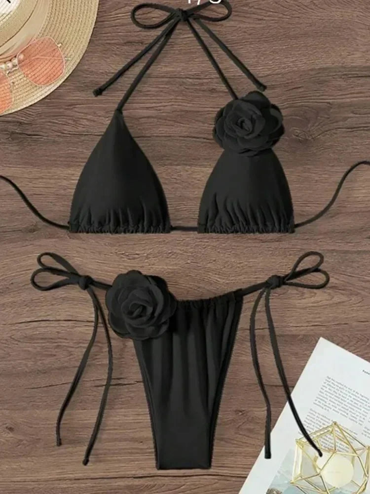 Sexy Flower Bandeau Swimwear Thong Bikini 2025 Women Lace-up Swimsuits Swimming Bathing Suit Brazilian Bikinis Set Mujer Biquini