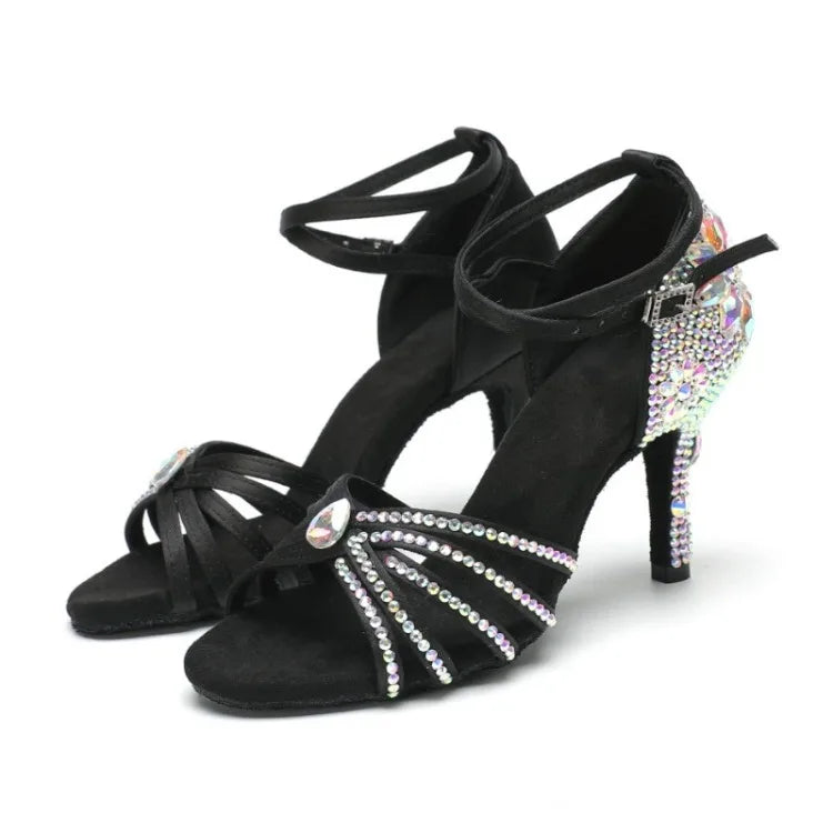 New Diamond Studded Satin High Heels Dance Shoes Fashion Black Brown Crystal Rhinestone Sparkling Latin Dance Performance Shoes