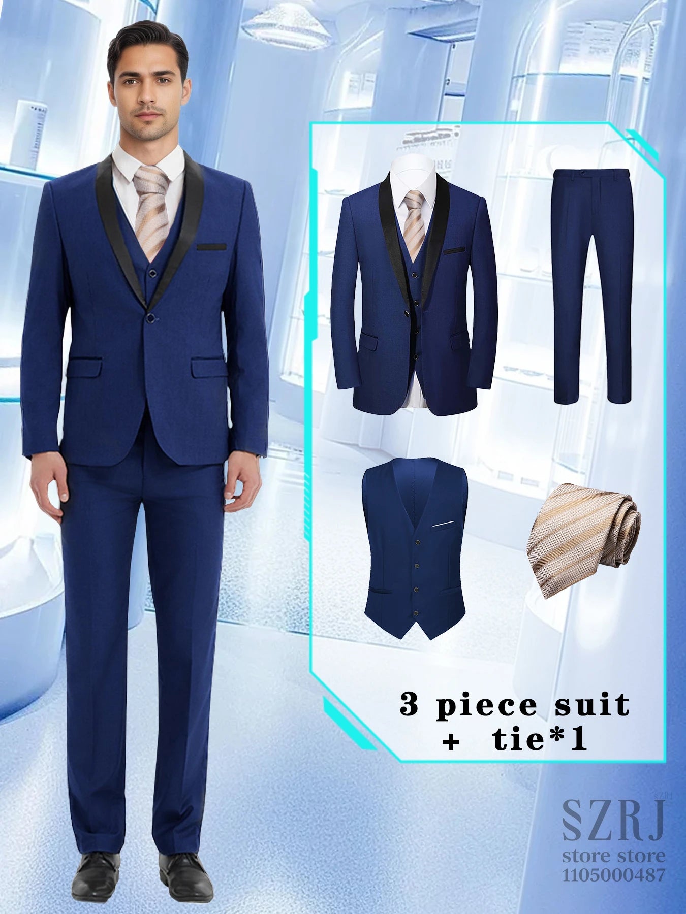 4-Piece Men's Suit: Jacket, Pants, Vest & Gold Tie. Fashionable, Concise, Multifunctional. For Business, Banquets, Weddings.