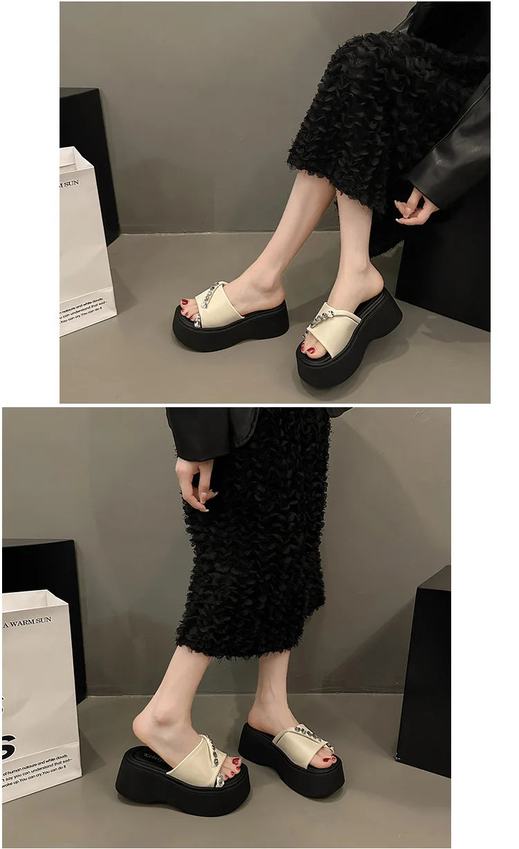 2024 Rhinestones Summer Sandals for Women Fashion Outdoor Wear Slippers high-end Thick Soled Shoes Ladies Elegant Beach Sandals