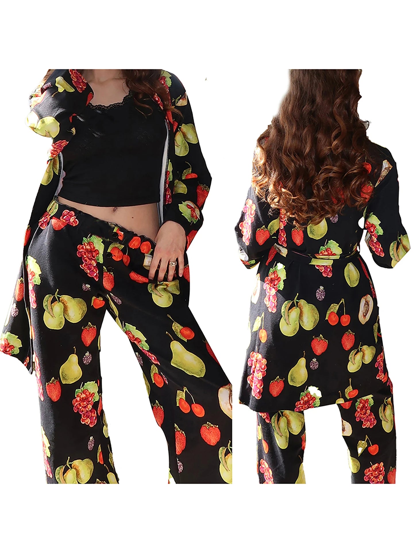 Women’s 2 Piece Weekend Pajama Set Long Sleeve Fruit Cartoon Print Robe Pants Set Loungewear