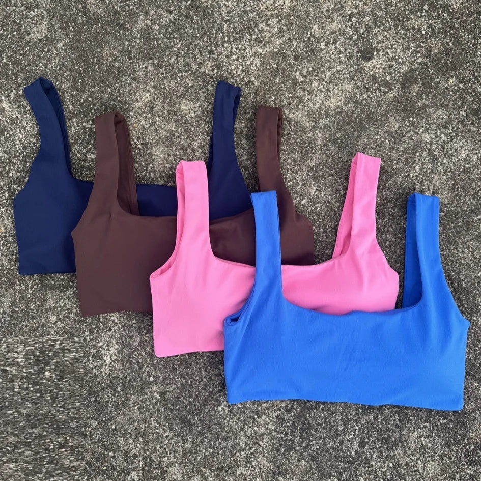 Solid Color Hollow back shoulder straps Square collar Gym Yoga Underwear Women  Fitness sport Bra Top Comprehensive Training pad