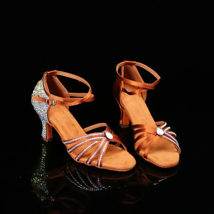 New Diamond Studded Satin High Heels Dance Shoes Fashion Black Brown Crystal Rhinestone Sparkling Latin Dance Performance Shoes