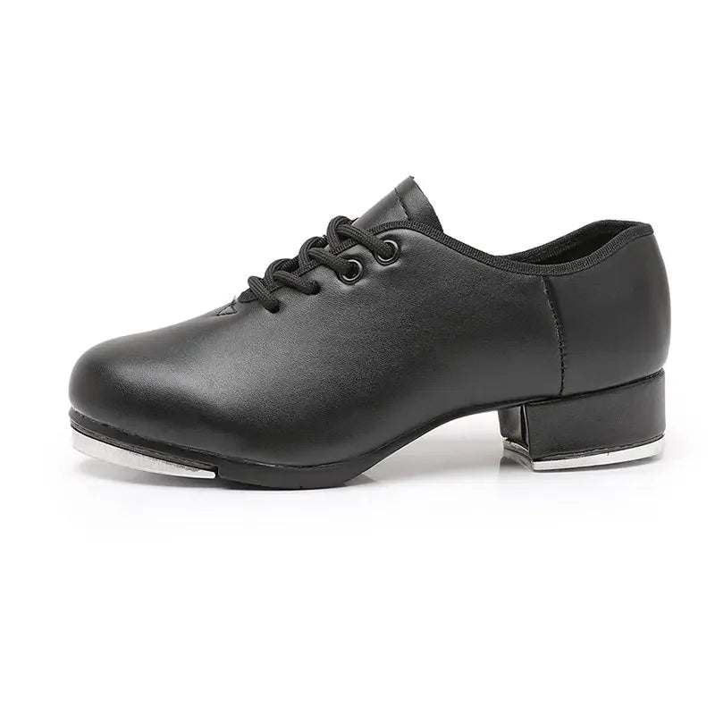 Unisex Elastic Opening Straight Sole Tap Dance Shoes Women Black Imitation Leather Sneakers Step Dance Shoes Children Large Size