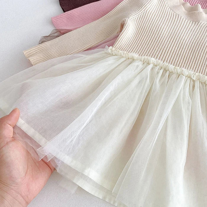 2025 New Autumn European American Style 1-6Yrs Baby Girl Party Dress Long Sleeved Knitted Mesh Splicing Kids Princess Dresses