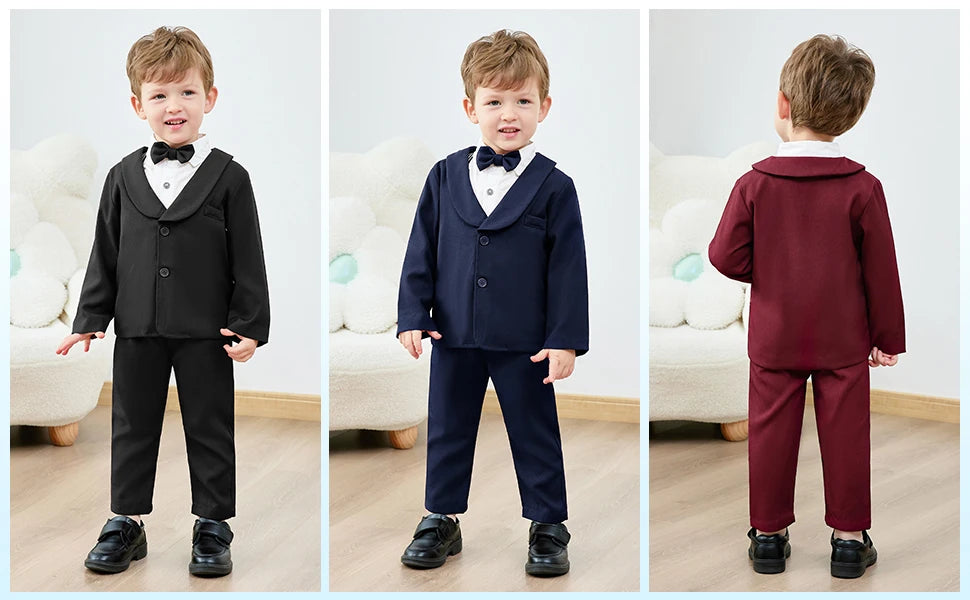 Toddler Boy Suit 5Pcs Formal Gentleman Outfits, Dress Shirt+Bowtie+Jacket+Suspender Pants Wedding Party Clothes Suits