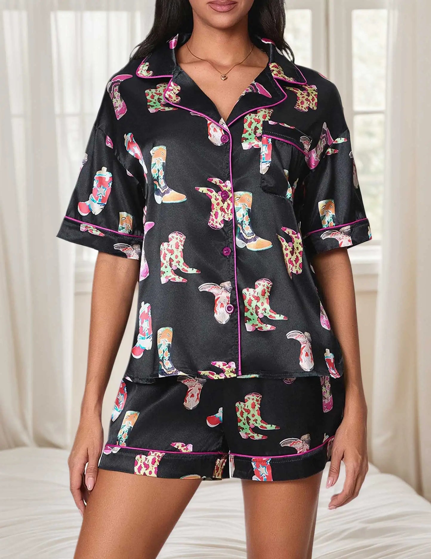 Women 2 Piece Boots Graphic Pajama Set Satin Sleepwear