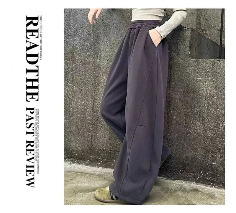 Girls Warm Wide Leg Pants Winter Kids Thick Fleece Lined Trousers Autumn Fashionable Drawstring Sweatpants Children Casual Pants