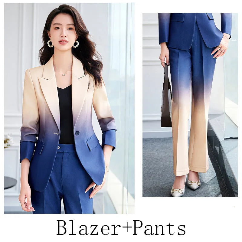HIGH STREET Newest Fashion 2024 Designer Suit Set Women's Gradient Color Printed Single Button Blazer Flare Pants Suit