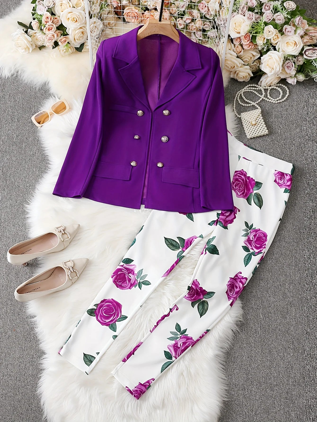 New floral digital print stretch suit hot-selling set